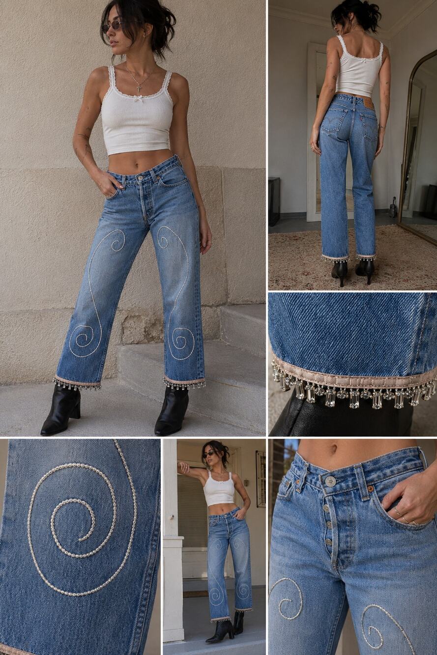 Vintage Levi’s USA Beaded Jeans Women’s 2 Button Fly Custom Embellished Denim